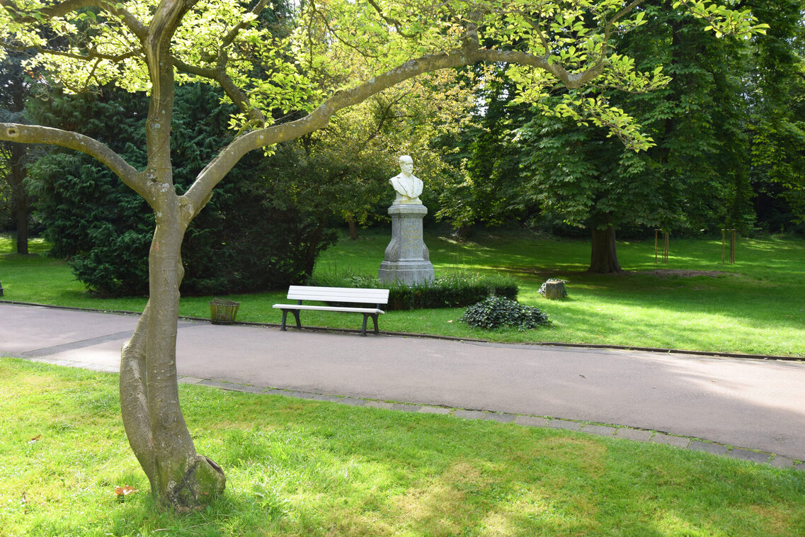 Eine weiße Sitzbank im Park