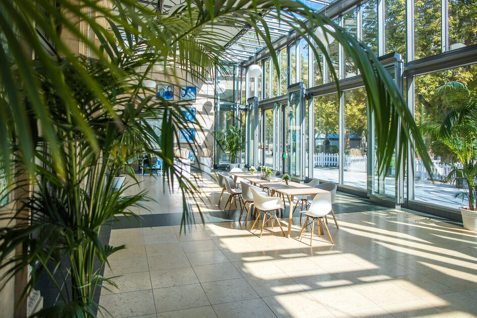 Wintergarten Kurhaus - подредба на масите и цветни аранжировки в съответствие с изискванията на Corona