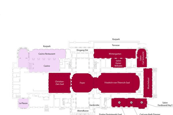 Grundriss vom Kurhaus Wiesbaden mit Markierung der Veranstaltungsräume