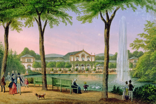 Gemälde um 1865: Blick vom Kurpark über den Kurparkweiher mit Fontäne zum Alten Kurhaus. Spaziergänger im Vordergrund